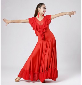 Black red Ruffle  short sleeves ballroom dance practice dress