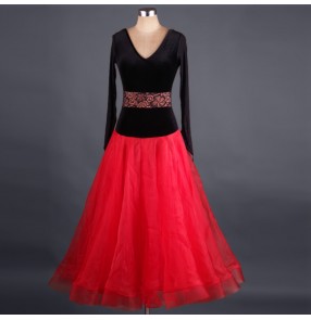 Black velvet  tops with red big skirted lace patchwork long sleeves v neck competition professional women's performance ballroom tango waltz dancing dresses outfits