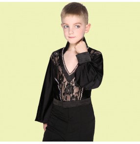 Black white lace patchwork summer spring rhinestones v nevk long sleeves  boys child children kids toddlers practice competition professional latin ballroom dance shirts tops 