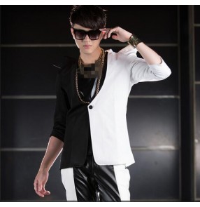 Black white patchwork long sleeves v neck men's male mans fashion stage performance jazz hip hop singer dj ds bra cos play show punk rock dancing costumes outfits blazers jackets coats