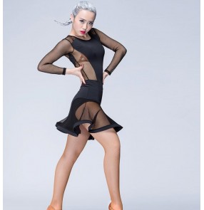 Black white see through waist and long sleeves women's ladies female competition performance professional leotards latin samba salsa cha cha dance dresses outfits costumes