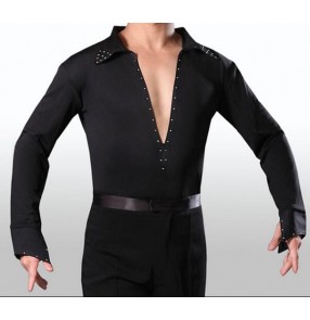 Black white v neck front with zipper stand collar long sleeves boys kids children men's male competition performance professional ballroom waltz tango flamenco dance leotard tops shirts for man