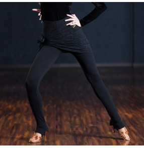 Black with lace hip scarf women's ladies fashion gymnastics performance competition legging tight pants trousers