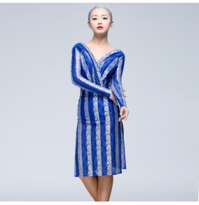 Blue black striped women's ladies female competition professional long sleeves competition latin samba salsa dresses vestios