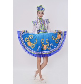Blue Women's girls Mongolian costumes dance clothes Chinese minority clothing apparel Mongolia clothes dance costume dress stage 