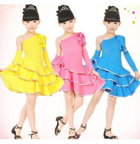 Blue yellow fuchsia black Girls kids children child baby one shoulder rhinestones exercises competition latin dance dresses with gloves