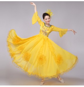 Blue yellow red Women's big full skirted long length flower Chinese folk dance traditional opening dance costumes cosplay dresses stage performance clothes  