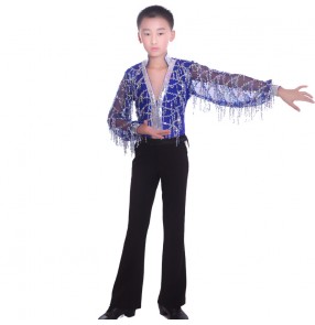 Boys children sequined tassel transparent shirt and pants latin dance set ballroom tango dance costume