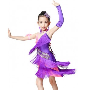 Children girls kids child patchwork fringe diamond latin dance dresses backless salsa chacha dance dress