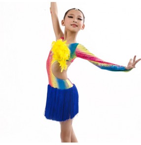 Children girls rainbow royal blue patchwork tassel latin dance dress 110-160cm dance costume