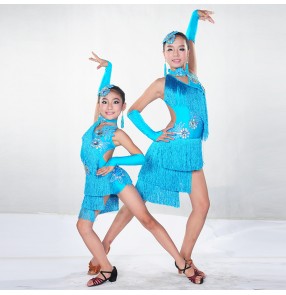 Children Kids Sequin Feather Fringe Stage Ballroom Dance Costume Latin Dance Dress For Girls waltz dress