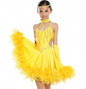 Children Kids Sequin Feather Fringe Stage Performance Competition Ballroom Dance dress professional Latin Dance Dress For Girls
