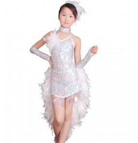Children Kids white Sequin Feather Fringe Stage Performance Ballroom Dance dressLatin Dance Dress 