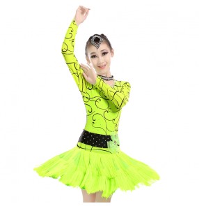 Coral fuchsia neon green colored girls long sleeves backless  tassels rhinestones competition samba salsa latin dance dresses