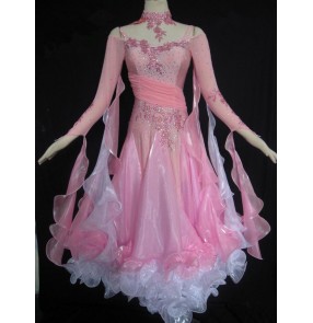 Custom girls Women's pink and white diamond  patchwork waltz full skirted ballroom dance dress