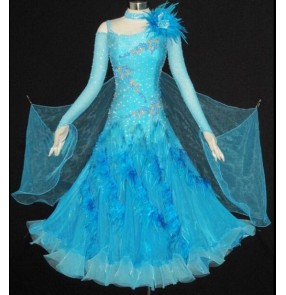 Custom size competition Women's long sleeves feather  ballroom waltz competition dance dress
