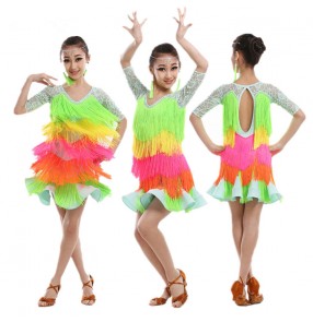 Custom size Girls kids children child baby lace  neon green rainbow color lace sleeves fringe tassels ballroom latin salsa dance dresses competition 