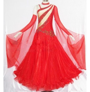 Custom size girls Women's red diamond competition waltz ballroom dance dress standard tango dance dress