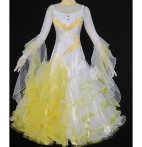 Custom size girls Women's standard competition yellow and white patchwork full skirted ballroom dance dress