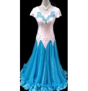 Custom size Girs Women's white turquoise patchwork ballroom dance dress waltz tango dress