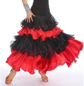 Custom size Women's  ladies  female layers  big skirted red and black patchwork long length competition exercise standard ballroom waltz dance skirts