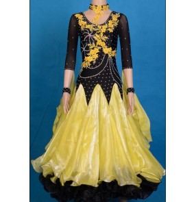 Custom size Women's yellow and black patchwork diamond waltz tango ballroom dance dress long length
