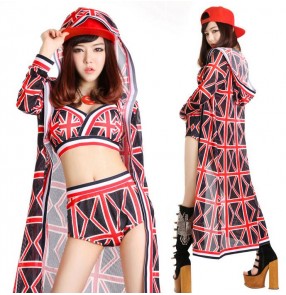 Female printed hiphop three pieces dance costume top shorts and long cloak