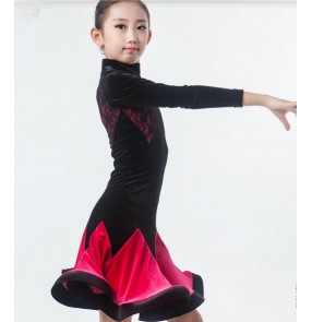 Fuchsia black lace patchwork competition professional exercises long sleeves latin dance dresses ballroom dance dresses