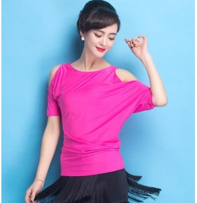 Fuchsia colored women's ladies female short sleeves exposure shoulder short sleeves competition ballroom waltz tango latin dance tops only