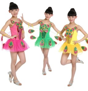 Fuchsia green yellow gold Girls kids child children fuchsia green yellow backless modern dance stage performance jazz dance costumes with butterfly wing dresses  latin dance dresses 