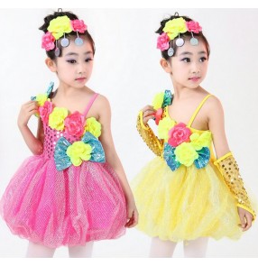 Fuchsia green yellow rainbow colored flowers paillette toddlers girls kids child children princess dresses party modern dance stage performance cos play jazz dj dance dresses costumes