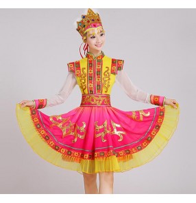 Fuchsia hot pink gold yellow patchwork long sleeves high quality women's girls cos play party minority russian folk minority international stage performance outfits costumes dresses