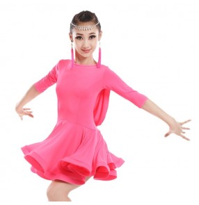 Fuchsia hot pink mint light green middle long sleeves backless girls kids children competition school play professional latin ballroom dance dresses outfits