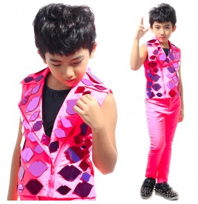 Fuchsia hot pink mirror reflective decoration sparkling vest long pants stage performance boys kids children competition hip hop jazz host drummer play dancing dance outfits 