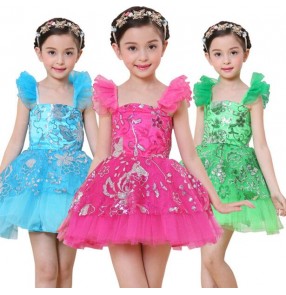 Fuchsia hot pink turquoise blue green paillette sequined sleeveless girls kids child children toddlers growth baby modern princess stage performance jazz dj ds dance costumes modern dance dresses 