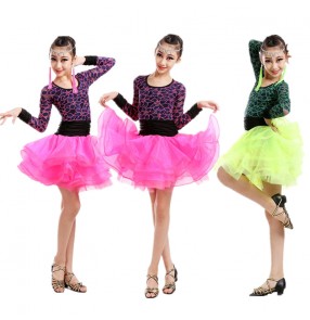 Fuchsia neon green lace patchwork colored girls child children baby long sleeves round neck competition latin salsa samba cha cha dance dresses