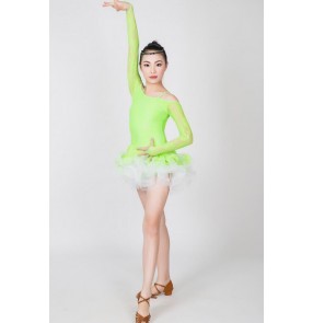  Fuchsia neon green red Girls kids child children baby long sleeves lace competition professional exercises latin ballroom salsa cha cha dance dresses