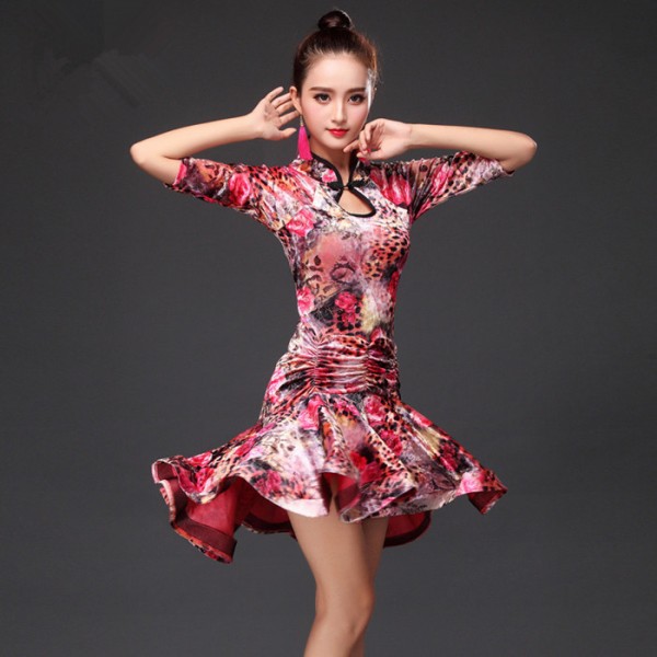 Fuchsia rose floral printed velvet middle long sleeves women's competition  practice latin ballroom cha cha dance dresses outfits dance wear