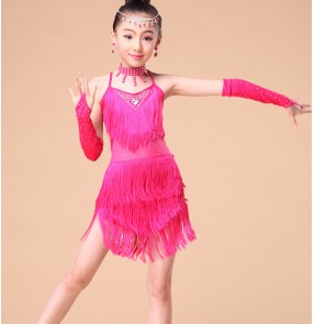 Fuchsia royal blue Exciting Fringe Girl Latin Dance Dress Summer Dresses Stage Performance Competition Costume For Children