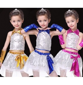 Fuchsia royal blue gold yellow hot pink girls kids child children toddlers growth kindergarten modern sequined jazz dance stage performance t show play costumes dresses set