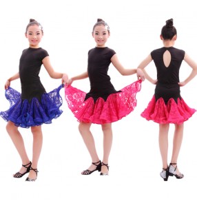Fuchsia royal blue red patchwork colored Girls kids child children baby short sleeves competition latin dance dresses set split set top and skirts
