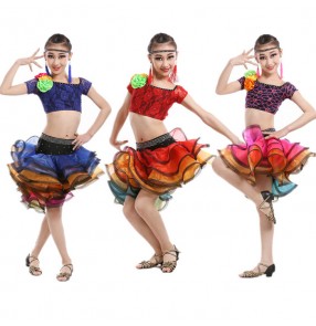 Fuchsia royal blue red rainbow colored girls kids child children ruffles skirts lace material rhinestones competition latin dance dress split set
