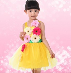 Fuchsia yellow gold white rainbow colored girls kids child children toddlers flowers tulle modern dance stage performance cos play jazz ds dj dance costumes dresses