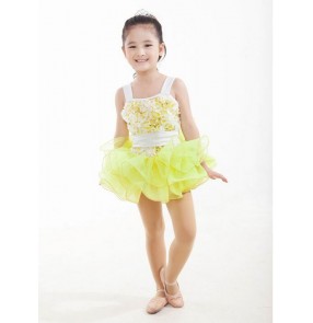 Girls and children yellow tutu skirt leotard short ballet dancing dress 
