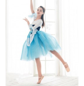 Girls blue and white patchwork long tutu skirt ballet dancing dress