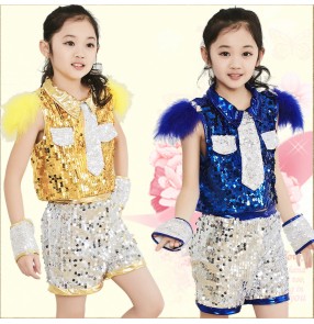Girls child children kids baby paillette royal blue gold yellow sequined modern stage performance jazz dance costumes clothes set dance wear top and shorts