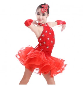 Girls child kids child children red black neon green lace backless  with gloves competition rhinestones professional competition latin dance dresses ballroom salsa cha cha dance dresses