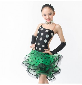 Girls children adult stage performance black polka dot and green professional latin dance dress
