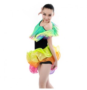 Girls children and rainbow tassel patchwork professional competition latin dance dress 
