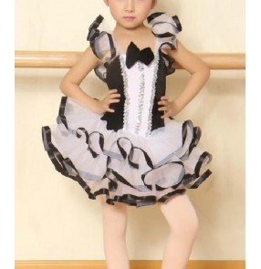 Girls children black and white patchwork ballet dance dress skating dress